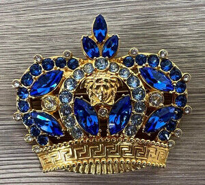 VERSACE ROCK 'N' ROYALTY CRYSTAL CROWN BROOCH with Blue Gems
